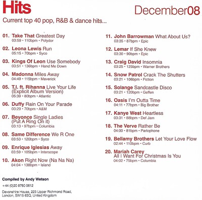 CD Pool Hits Dec 2008 Take That/Madonna/Duffy/Lemar/Craig David/Oasis/Beyoncé