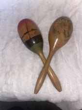 Vintage Original Hand Painted Wooden Maracas Lot Of 2 Mexico