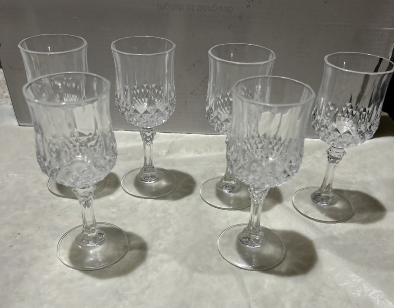 Vnt 6 Corgial Glasses Cristal d”Arques DuranLong Stem Diamond Cut Bowl Pedestal