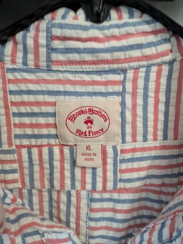 Mens Brooks brothers Red fleece popover seersucker red blue XL short sleeves - Picture 3 of 10