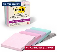 Post-it 100 Recycled Super Sticky Notes, 3 x 3 in, Pastels, 5 Pads School Sup