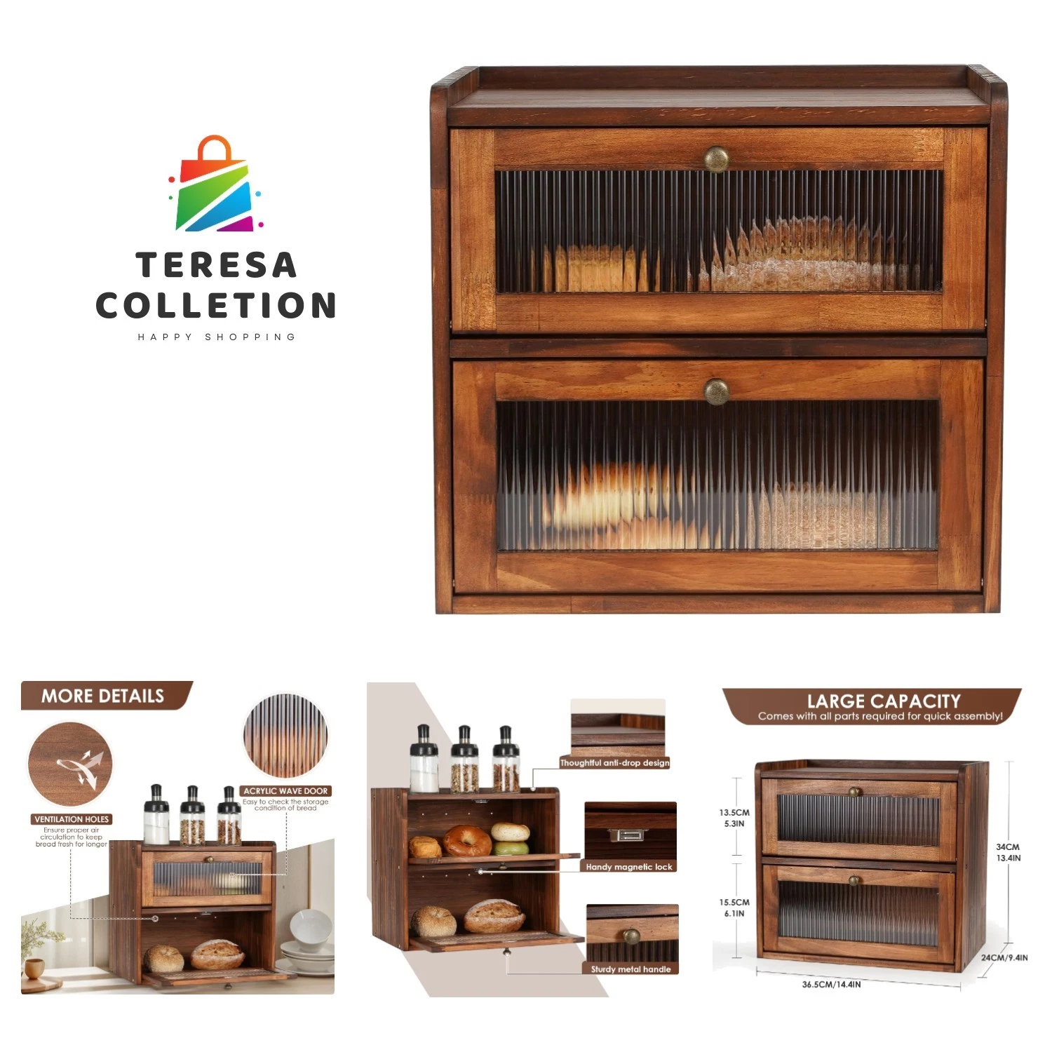 Bread Box for Kitchen Countertop Wooden Bread Storage Container Bin 2 Layer B...