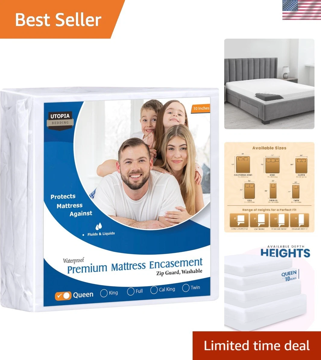 Waterproof Bed Bug Mattress Cover, Queen, White, Zippered