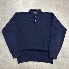 VINTAGE 90s Polo Ralph Lauren Lambswool Collared Sweater Navy Blue Men  s L