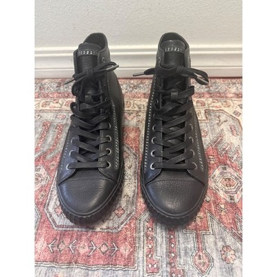 John Varvatos Bootleg Black Leather High Top Sneakers Men's 10M Studded NEW