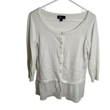 AB Studio Women’s Size Medium Cardigan Blouse Peplum Hem White Scoop Neck