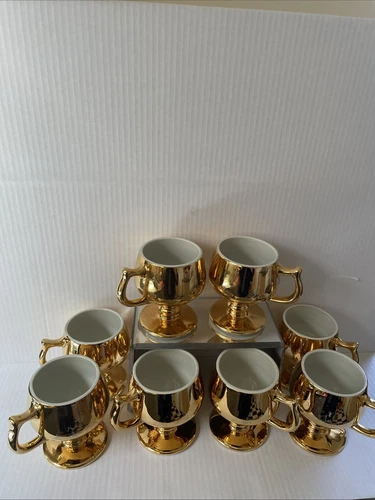 VTG 1940's Set Of 8 Hall Pottery Golden Glo Coffee Pedestal Mugs 22KT Gold Gilt