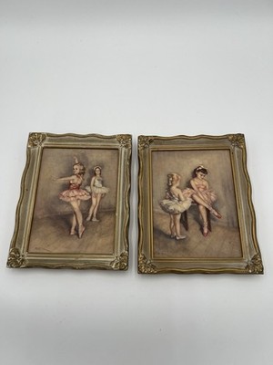 Vintage Ballerina Ballet Prints Set of 2 Ornate Gold Framed Wall Art 7.75x9