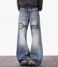 Men's Blue Denim Jeans Straight Leg Letter Printed Casual Pants Trousers Punk
