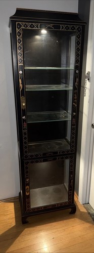 VINTAGE Chinoiserie Decorated Black Lacquer Display Cabinet w/Lights