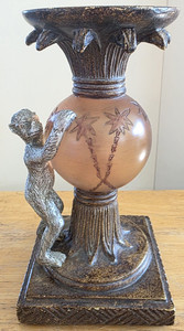 8" Resin and Wooden  Collectible Silver Color Monkey Candle Holder Unique & Rare