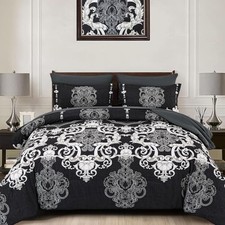 Comforter Set, 7 Pieces Boho Bed in a Bag for Bed Damask Comforter Queen Black