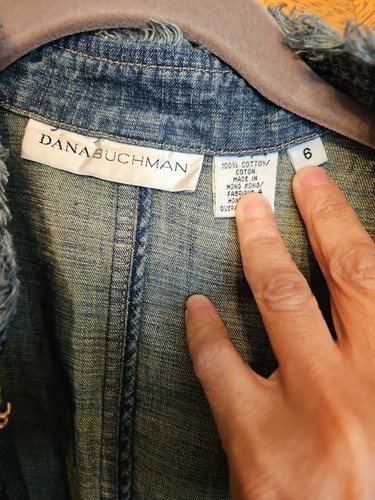 Dana Buchman Size 6 Denim Frayed Trim Open Front Hook Eye Mandarin Collar Blazer - Picture 3 of 8