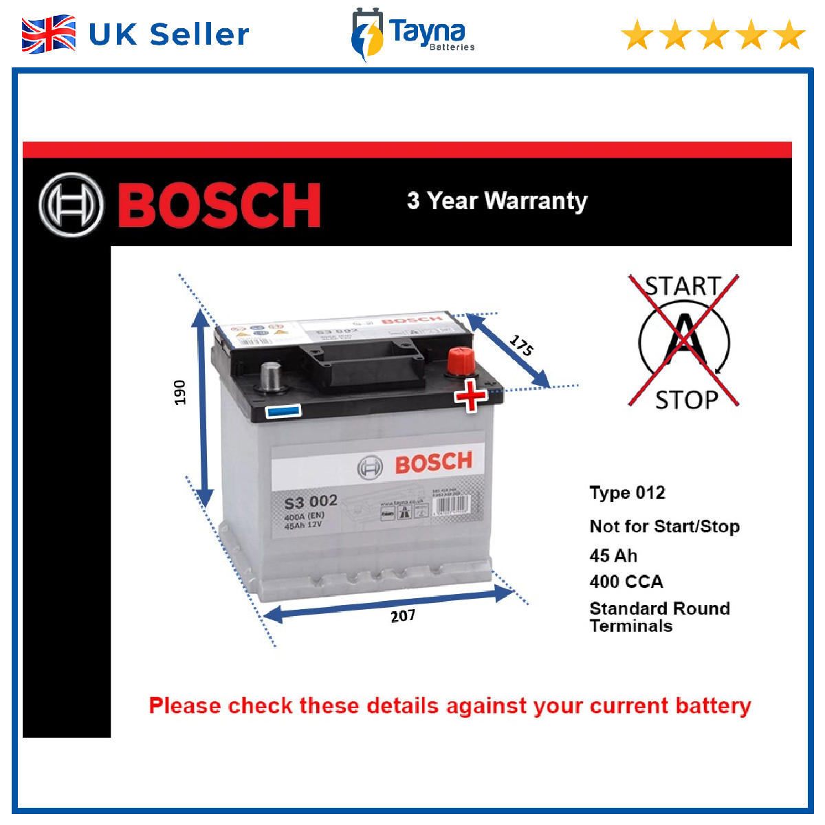 Car Battery S3002 Bosch 012 400A 45Ah 3Yr Warranty 207x175x190