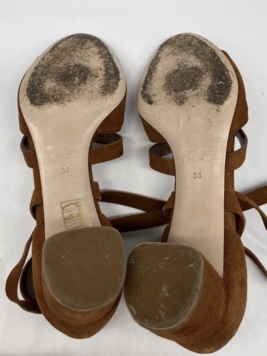 Miu Miu Brown Gladiator Suede D'Orsay Lace Up Block Heel Peep Toe Sandal sz 38 - Picture 6 of 7