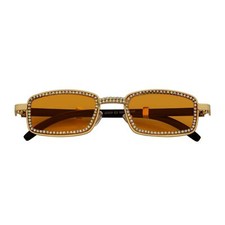BLING TWO - Rhinestone Retro 90s Metal Rectangle Sunglasses Gold Orange Lens