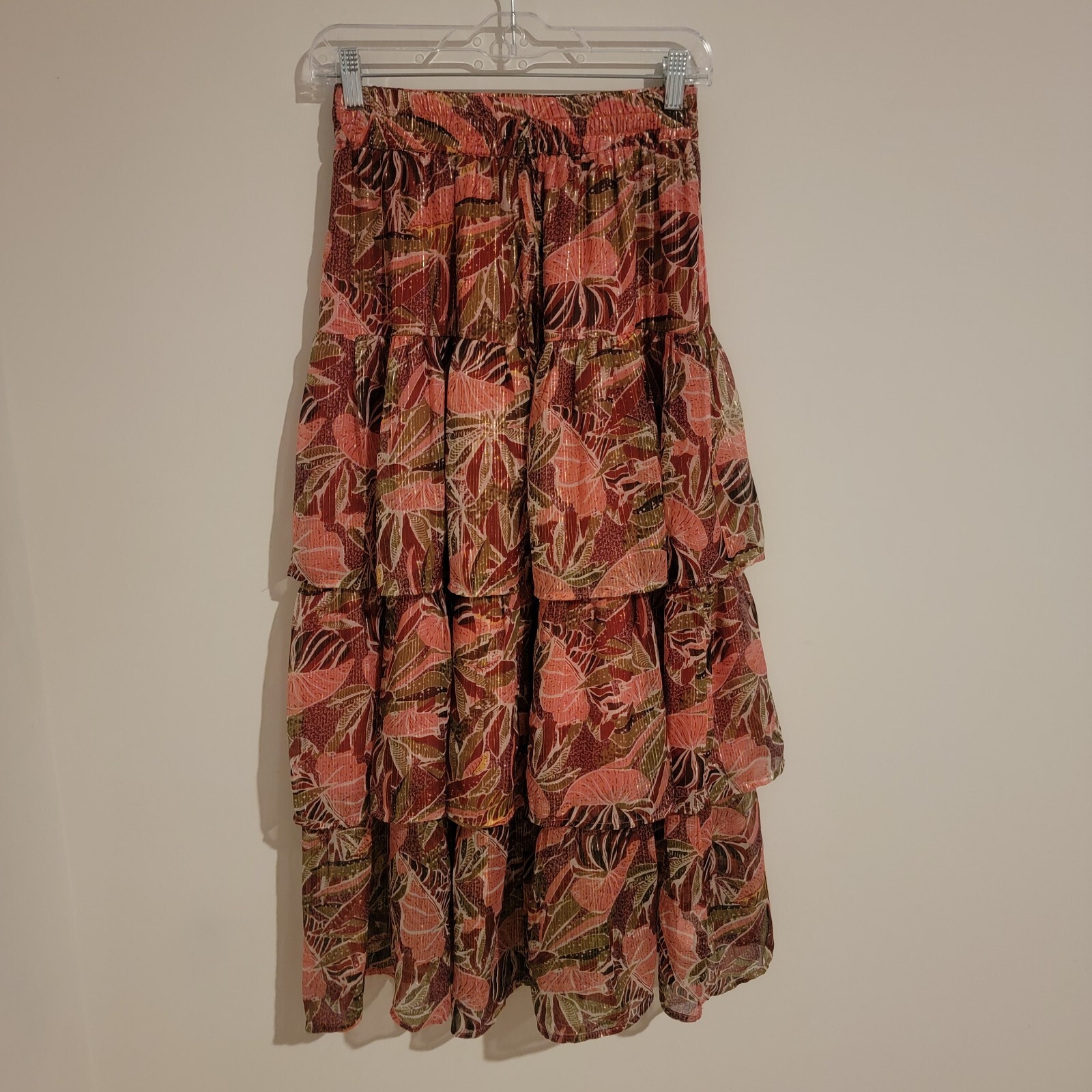 Elan Maxi Skirt Size Small Pink Fairy Boho Tiered Ruffle Metallic Floral-image