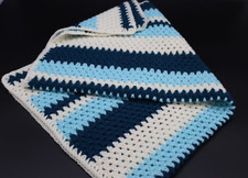 Handmade Knitted pram blanket- Turquoises White stripes 80cmx 90cm