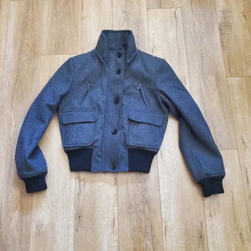 New York Co Gray WOOL Felt Bomber Jacket Full Zip Buttons Pockets High Neck Sz 6