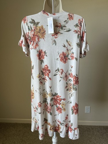 Chris & Carol Women’s Ivory Floral Print Crew Neck Short Ruffle Sleeve Dress s M - Picture 5 of 10