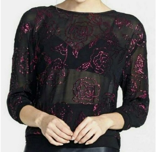 Tildon Damen transparente Blumen Pailletten Top Jacke schwarz/rosa Größe Small - Bild 1 von 9
