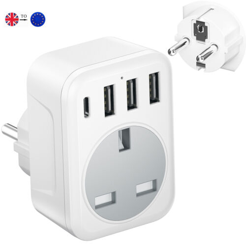 Plug Adapter Grounded Europe Travel Adapter with 3 USB + Type C UK to European - Picture 1 of 7