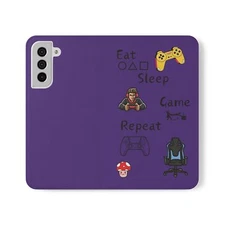Eat Sleep Game Repeat Phone Case - Faux Leather Flip Cover for iPhone/Samsung.