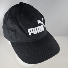 Puma Hat Black White Spell Out Logo Adjustable Strap Buckle Athletic Cap