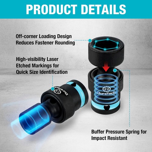DURATECH 13PCS 1/2" Dr Swivel Socket Set Shallow Universal Impact Metric 10-24mm - Foto 5 di 8