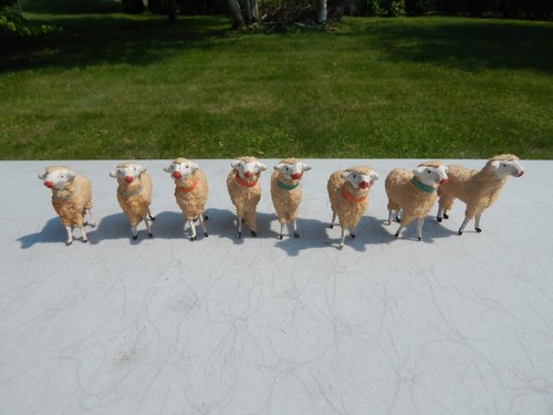 LOT OF 9 GERMAN ANTIQUE MATCHSTICK LEG PUTZ SHEEP W/ COMPOSITION FACES
