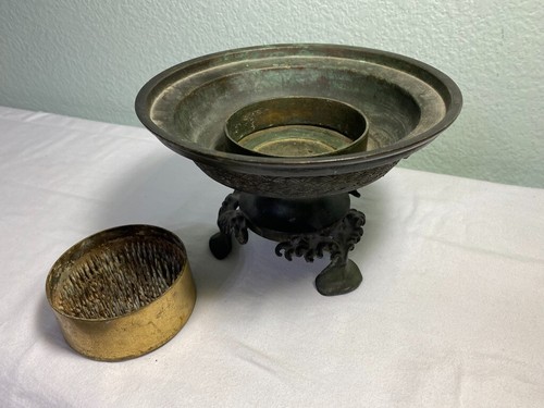 Antique Japanese Bronze Usubata Ikebana Flower Marked Seimin Chu 5" tall x 7.5"
