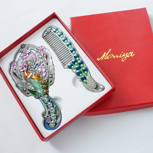 Colorful Enameled Peacock Pattern Cosmetic Hand Held Mirror Comb Set - Picture 5 of 13