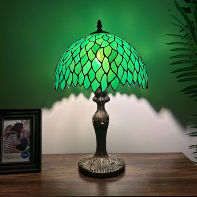 Tiffany Style Table Lamp Green Leaves Stained Glass Included LED