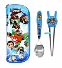 Korean TV Anime Hello Carbot Robot Stainless Training Chopsticks Spoon Case Set