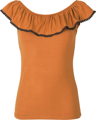 Coastal Babe ADRIENNE Vintage POMPOM Flounce Top Mustard Yellow Rockabilly