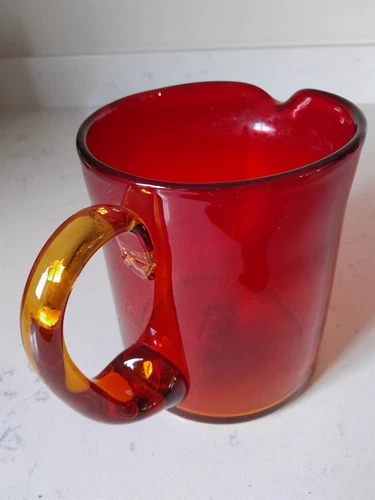 Vintage Blenko MCM Handblown Amberina Art Glass Pitcher Cloudy Interior