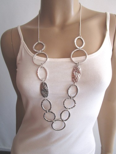 Damen Hals Kette lang Modekette Gliederkette Silber Statement Blogger Lagenlook - Bild 5 von 5