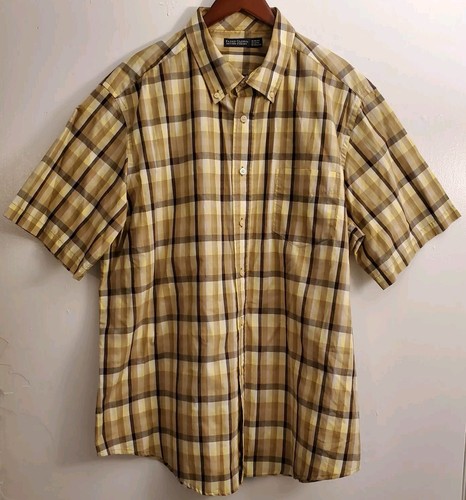 Men's Faded Glory Button Up Short Sleeve Shirt Yellow/Brown Plaid Sz XL(46-48)