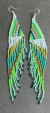 Boho Native Style Green Seed Bead Beaded Earrings Fringe Tassel Extra Long