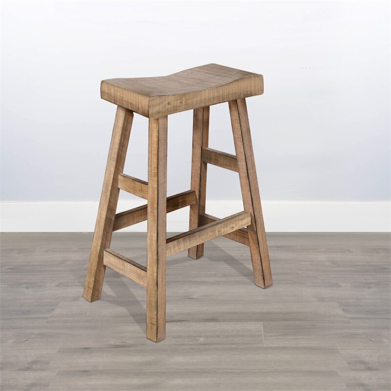 Pemberly Row 30" Mahogany Wood Saddle Seat Stool in Beach Pebble Beige
