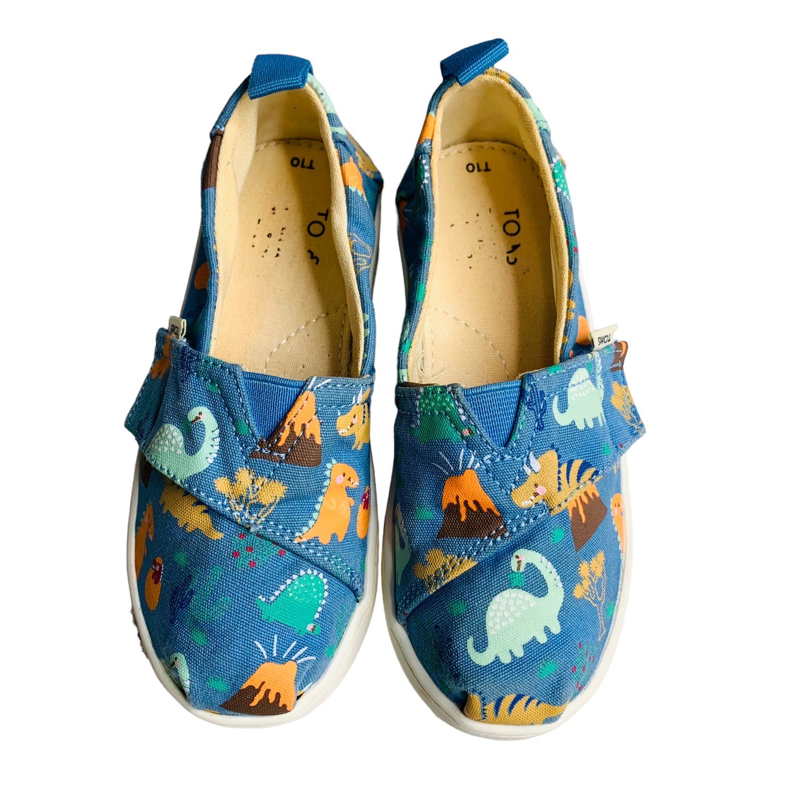 TOMS Tiny Alpargata Boys Slip On Azure Blue Glow in the Dark Dinoland Size 10T