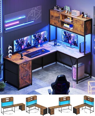 L Shaped Desk with Drawers and LED Lights, 62.2'' Home Office Desk with Hutch