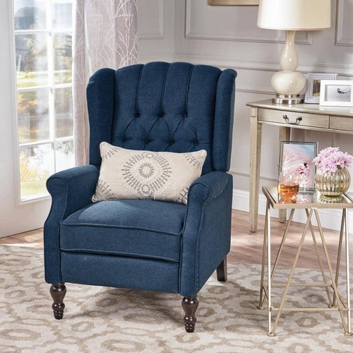 Noble House Recliner 28"W Big+Tall Nailhead Trim Wing Polyester Wood Dark Blue - Picture 3 of 11