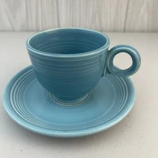 Vintage Homer Laughlin Fiestaware Ring Handle Cup w/ Saucer 6" Turquoise