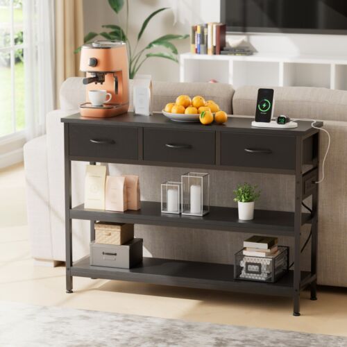 43.3" Console Table with Power Outlets 3 Drawers 2 Shelves Sofa Table Black - Picture 7 of 8