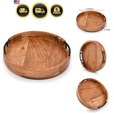 Round Acacia Wood Serving Tray with Handles