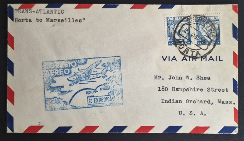 1939 First Flight Horta Marseilles France Air Mail FAM 18 F18-2 Airmail Cover