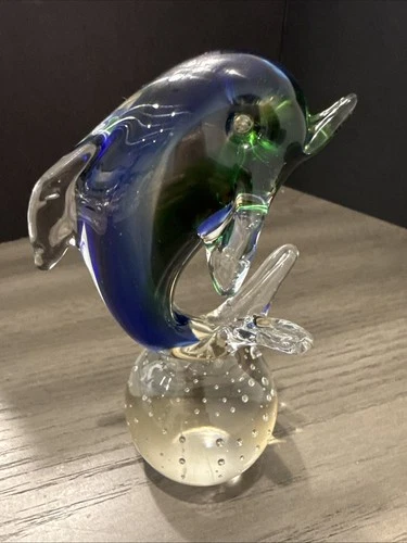 Vintage Murano Style Art Glass Dolphin Figurine Blue Green Sommerso Hand Blown