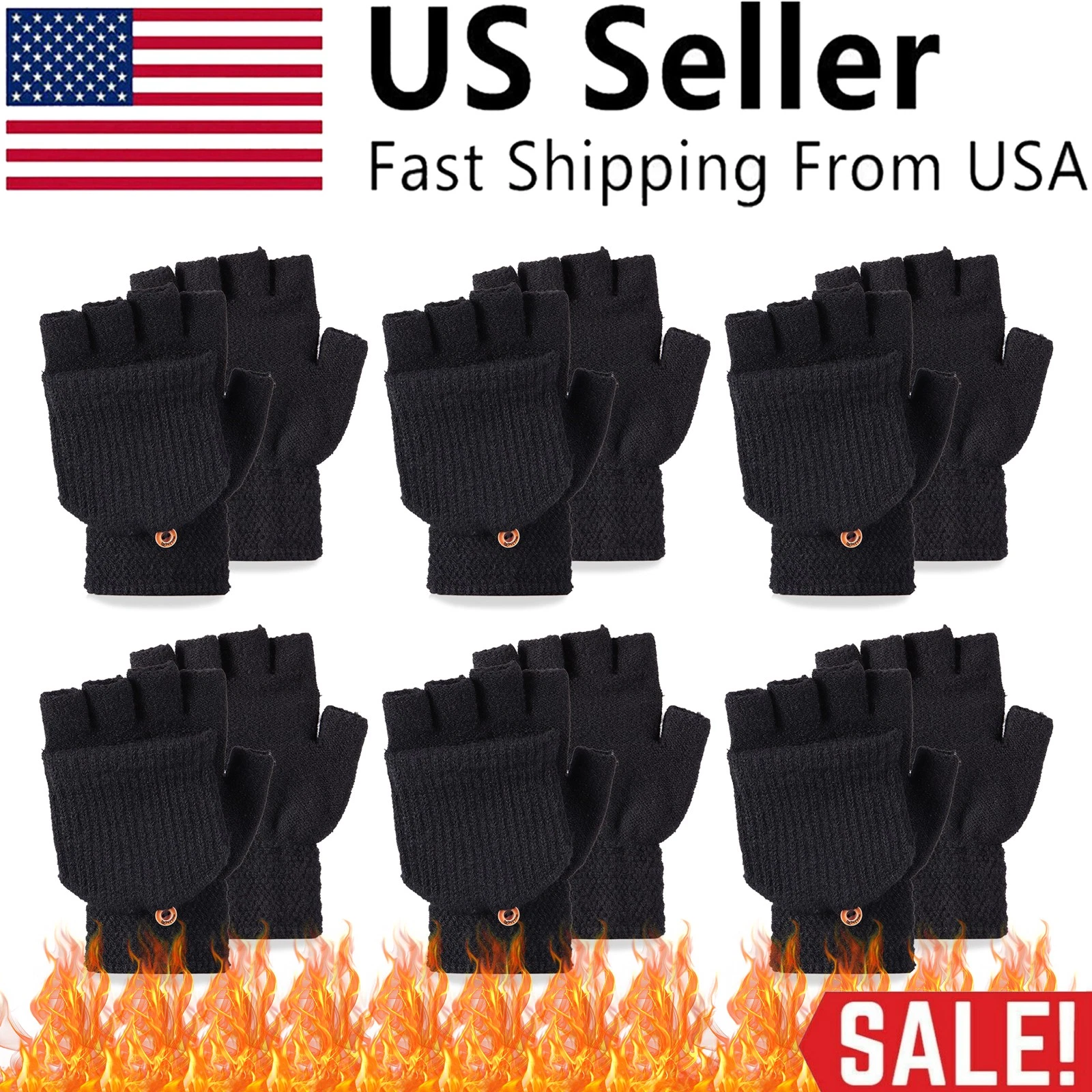 6X Men Women Wool Fingerless Gloves Knitted Convertible Mittens Flap Winter Warm