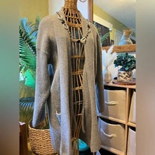 Chic Gray Open-Front Cardigan trendy, pockets Lambs wool ,Angora, elegant open